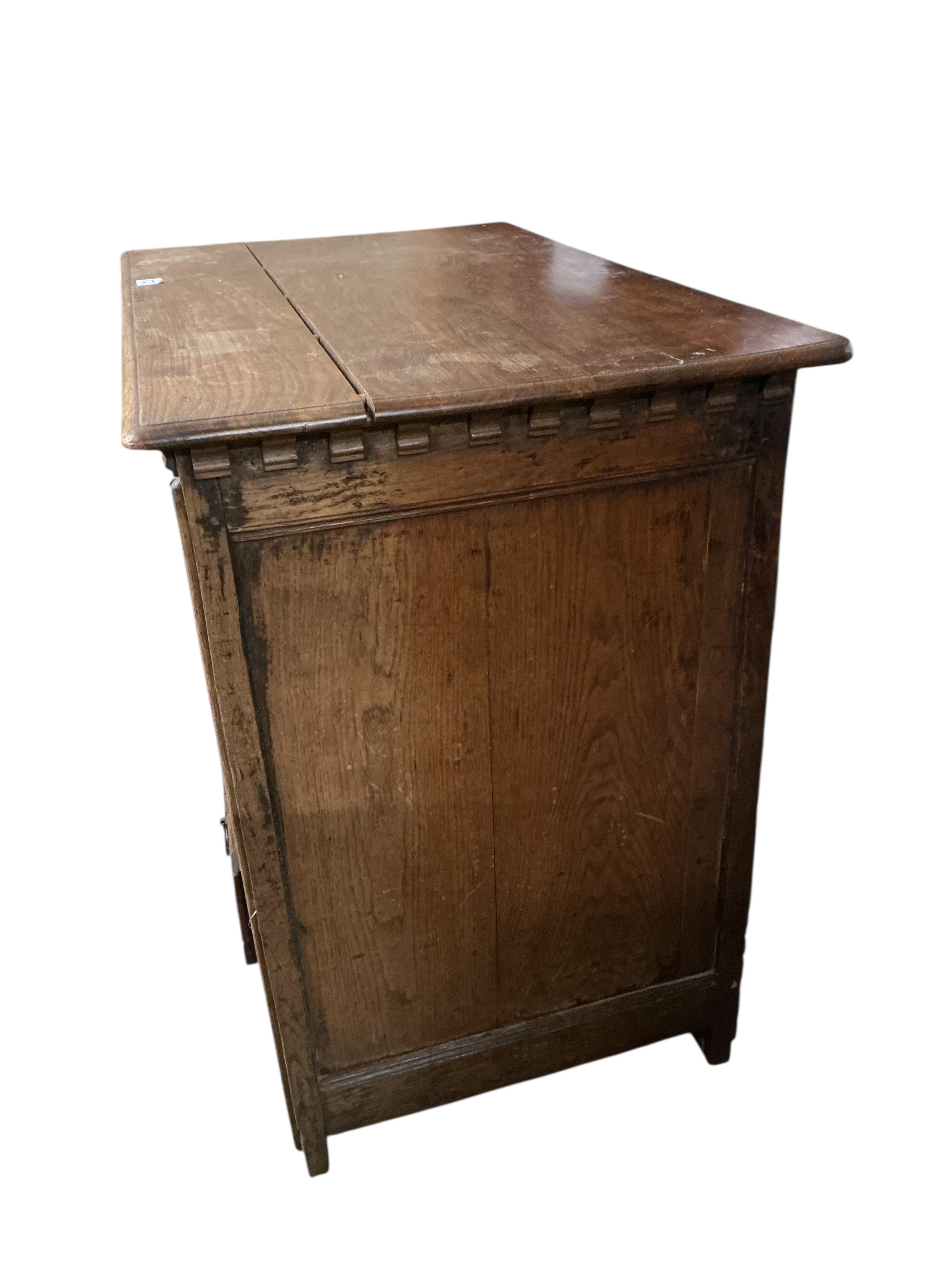 A William and Mary and later oak chest of drawers with geometric front, width 99cm, depth 60cm, height 90cm